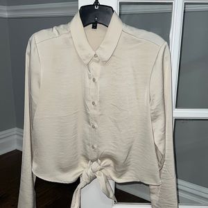 Express Satin Long Sleeve Button Up Blouse w Tie
